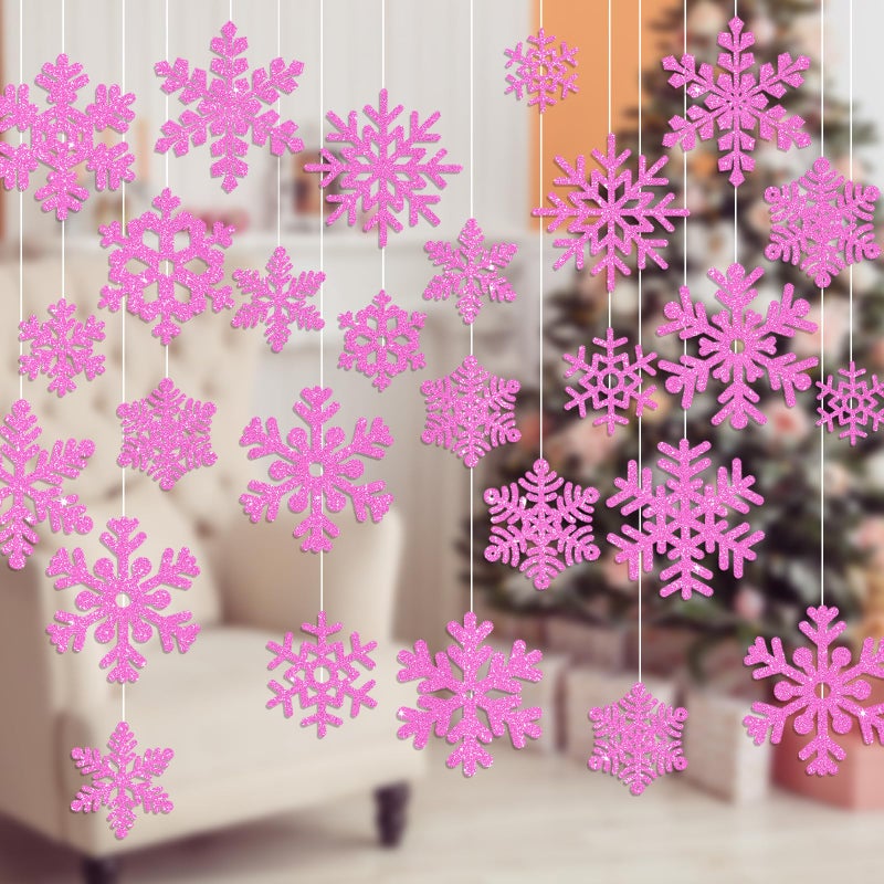 Whaline 48Pcs Christmas Paper Cut-Outs Double-Sided Glitter Pink Snowflake Cutouts with Glue Point for Xmas Winter Wonderland Frozen Party Home Decoration - Image 5